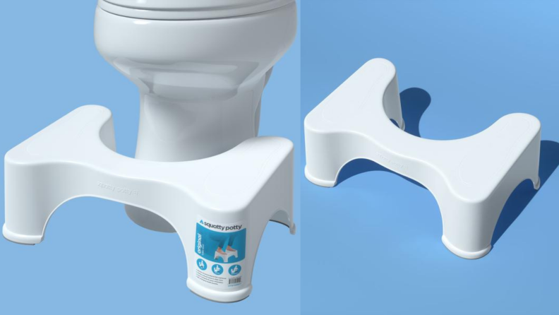 On left, white plastic Squatty Potty sitting in front of toilet in front of blue background. On right, white plastic squatty potty in front of blue background.