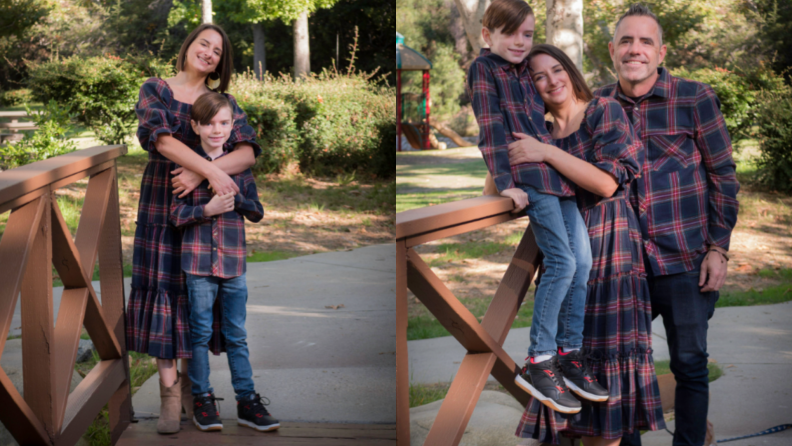 Two photographs of the author with her family in matching blue plaid outfits.