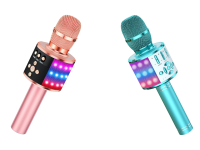 A pink microphone opposite an aquamicrophone