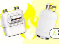 Propane gas tank next to gas meter reader in front of yellow cartoon flames.