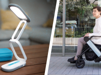 Left: A Lili lamp on a desk; center: CES logo; right: A person using an electric wheelchair