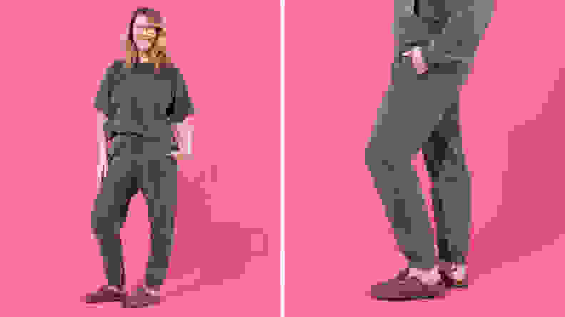 The author is seen in the Elwood Core Tee and Sweatpant in shades of gray.