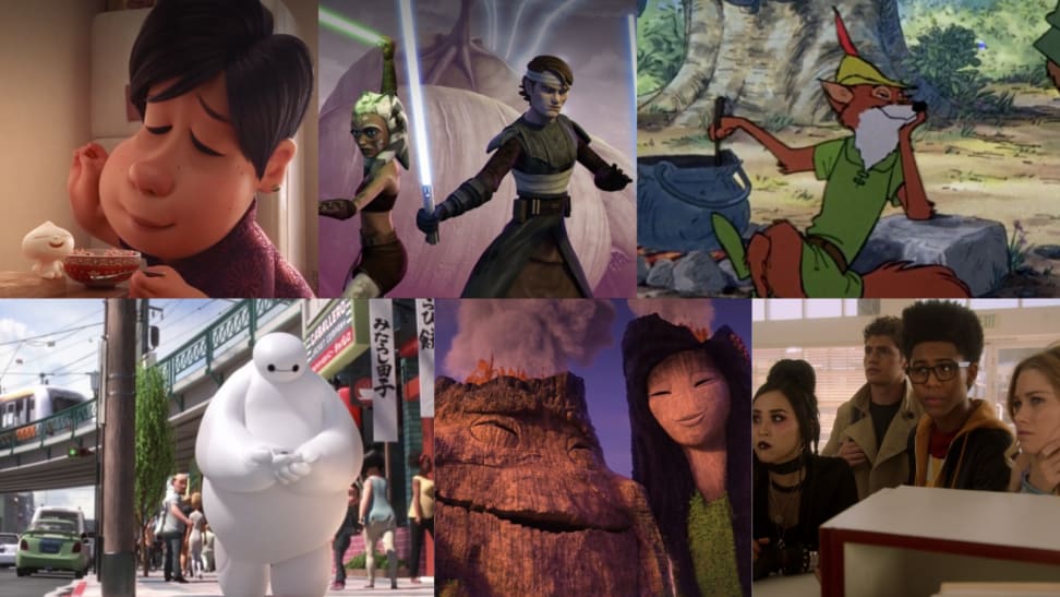 Six images from Disney+ movies and series including Bao, Star Wars: The Clone Wars, Robin Hood, Big Hero 6, Lava, and Runaways