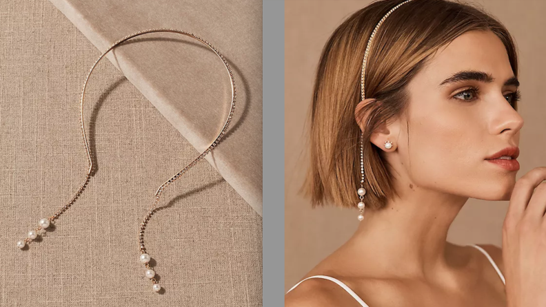 Small metal headband with dangling pearl. On left, person wearing silver headband in hair.