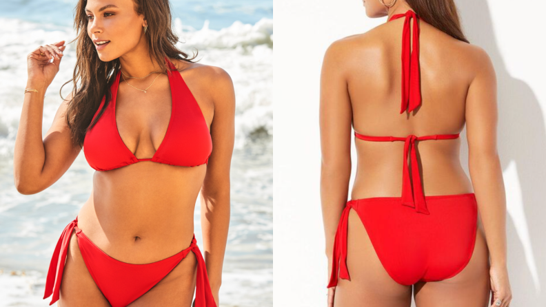 Model displaying front and back of red bikini swimsuit.