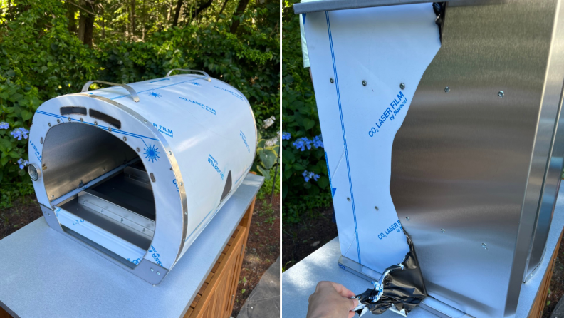 Photos of the Cru Oven covered in its adhesive protective sheet.