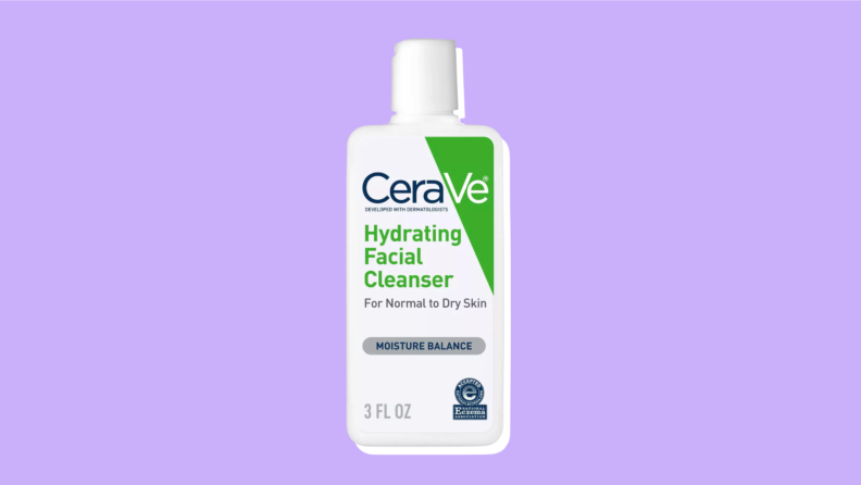 A bottle of Cerave Hydrating Cleanser on a purple background.