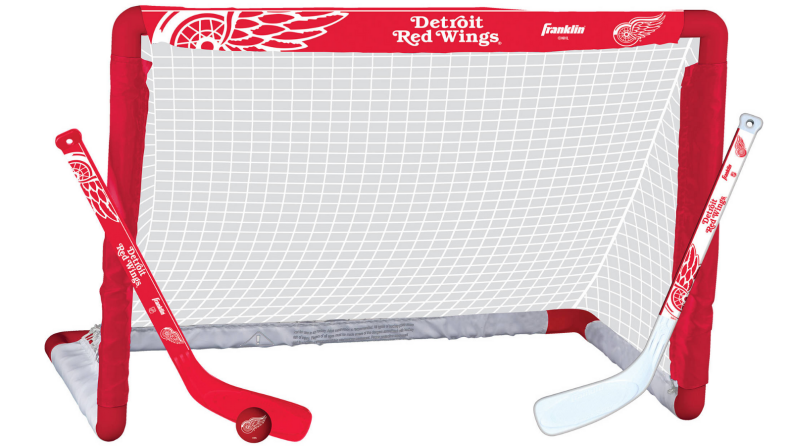 Red Wings hockey goal with two hockey sticks