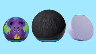 Amazon Alexa smart speakers including the kids Dot, the Echo and the Echo Pop sit on a blue background