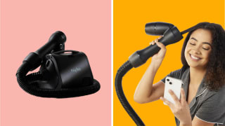 On the left: The RevAir hair dryer on a pink background. On the right: A person with coily hair smiling at her phone in one hand while using the RevAir dryer on her hair with the other.