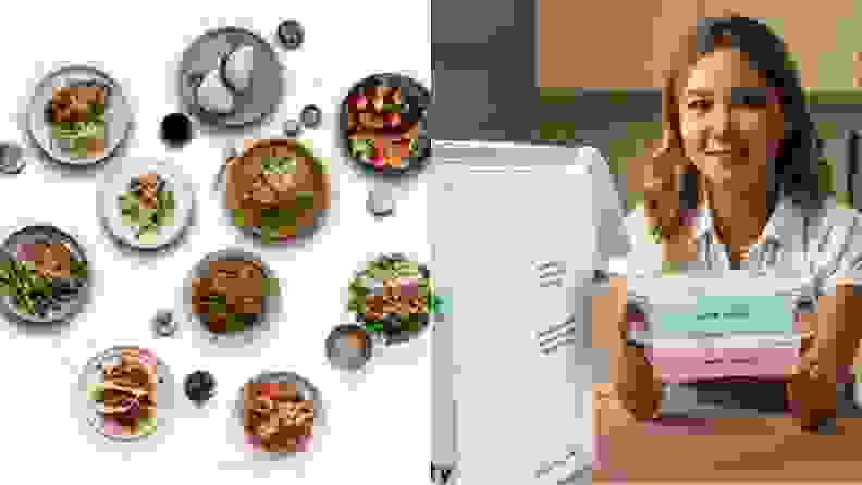 On left, assorted CookUnity meals on dishes. On right, person smiling while leaning on counter holding CookUnity containers