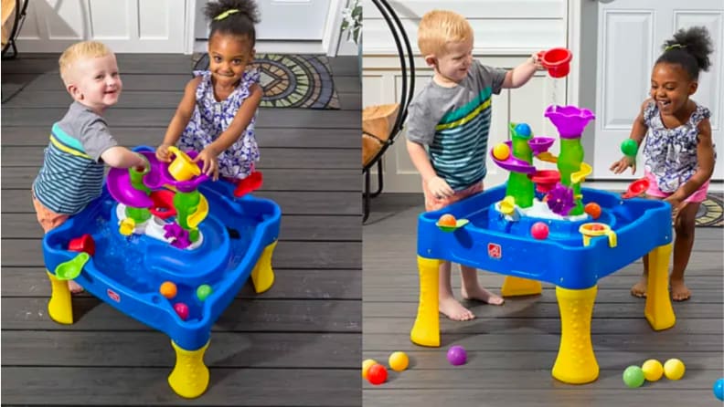 An image of a blue water play toy on a patio, with two children surrounding it, next to an image of the same play toy from a different angle, showing the chutes and plastic balls that come with the toy.