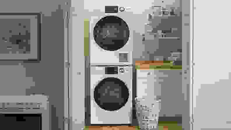 The GE ventless dryer stacked on a washer in a laundry room.