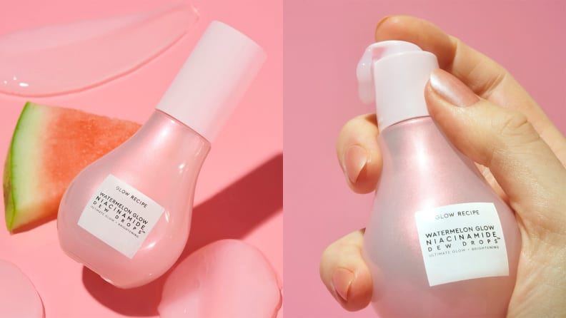 On the left: The light pink, pear-shaped Glow Recipe Watermelon Glow Niacinamide Dew Drops sits diagonally across a pink background. A slice of watermelon is positioned to the left of the bottle. On the right: One a pink background, a light-skinned hand holds the Glow Recipe Watermelon Glow Niacinamide Dew Drops close to the camera.