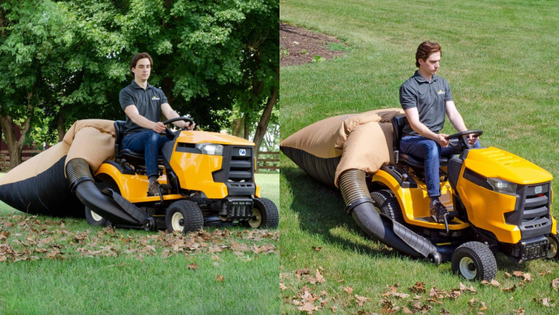 Person riding on riding lawn mower with TerraKing 54 cubic foot Pro Leaf Bag attached to back while outdoors.