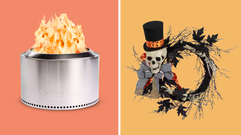 Collage photo of a fire pit and a Halloween wreath on a colored background.