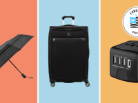 The image shows an umbrella, suitcase, and adapter with the Reviewed Labor Day Deals logo.