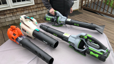 A person holds a cordless leaf blower while three others sit on a table