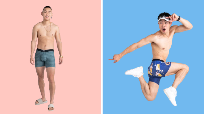 Two models wearing Saxx boxer briefs.