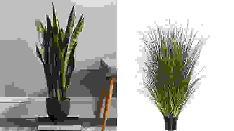 A split image of fake plants from Wayfair, one of the best places to buy artificial plants online.