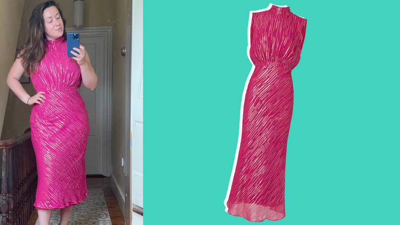 The author wearing the pink Saloni midi dress.