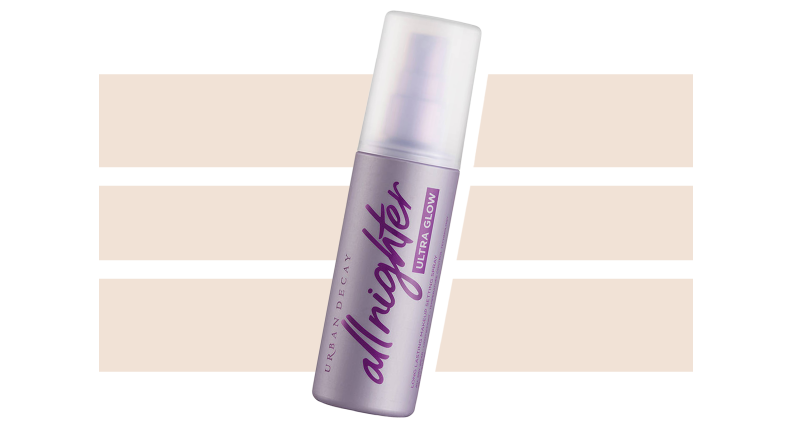 Urban Decay Ultra Glow All Nighter Setting Spray against a beige and white background.