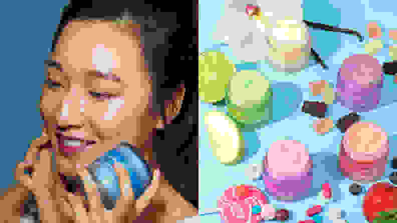 A woman holding Laneige water mask with cream on her face and multiple Laneige lip sleeping masks surrounded by fruit and gummy candy, among the best 30th birthday gift ideas.