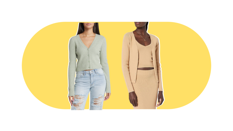 Ribbed Cardigans worn by models. One is a pale green sweater, and the other is a tan option paired with a matching tank and skirt.
