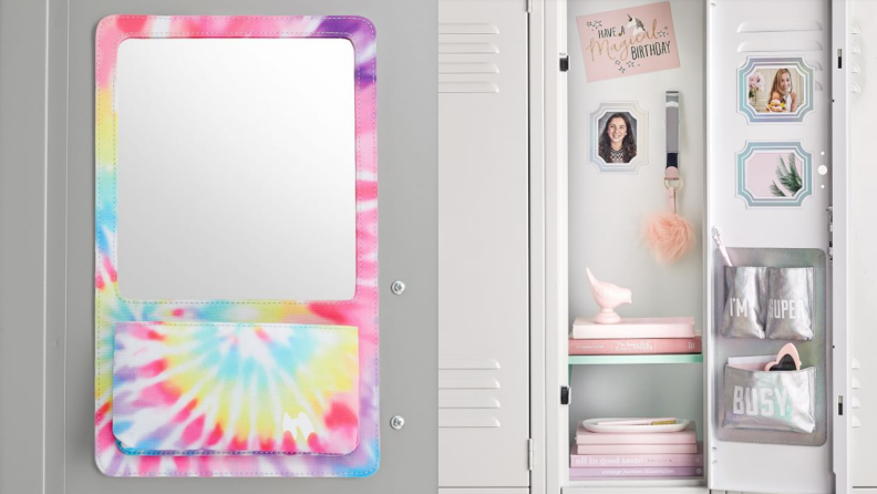 On left, rainbow tie dye locker organizer with mirror mounted on locker. On right, iridescent 