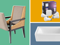 On left, armchair with seat storage. On top right, Philips smart bulbs. On bottom right, white tub.