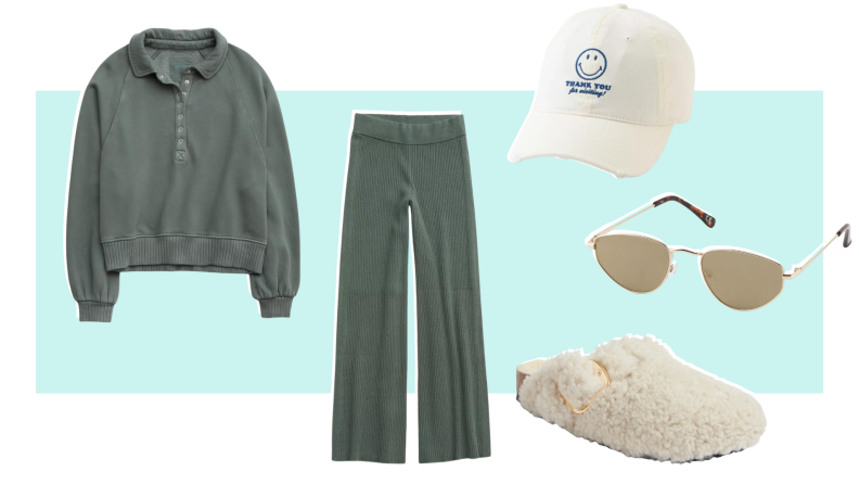 A green sweatshirt, matching green sweatpants, a white baseball cap that reads "Thank you for visiting," a pair of sunglasses, and a white shearling pair of sandals.