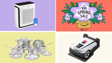 A four panel image shows a air conditioner, robot lawn mower, cookware, and a graphic description of flowers
