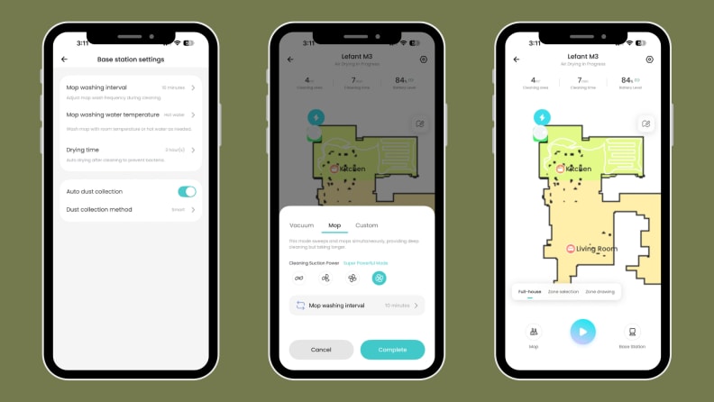 Three phone views of a robot vacuum's app and mapping functions
