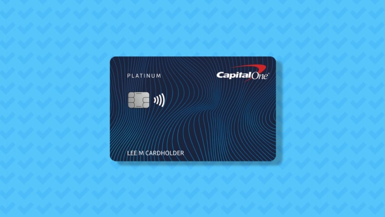 Capital One Platinum Secured credit card on a blue background
