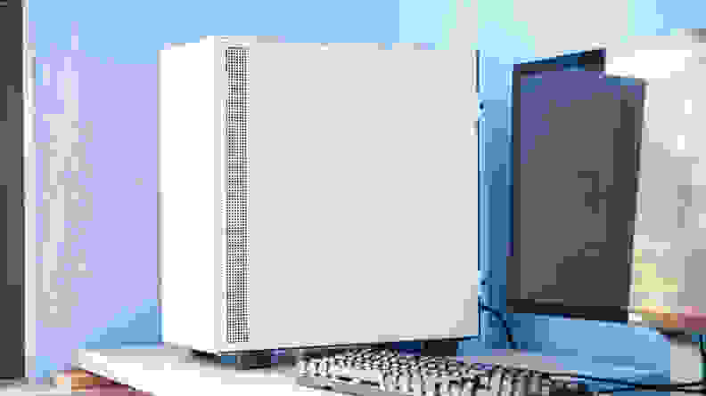 The PC sits on the left side of a desk