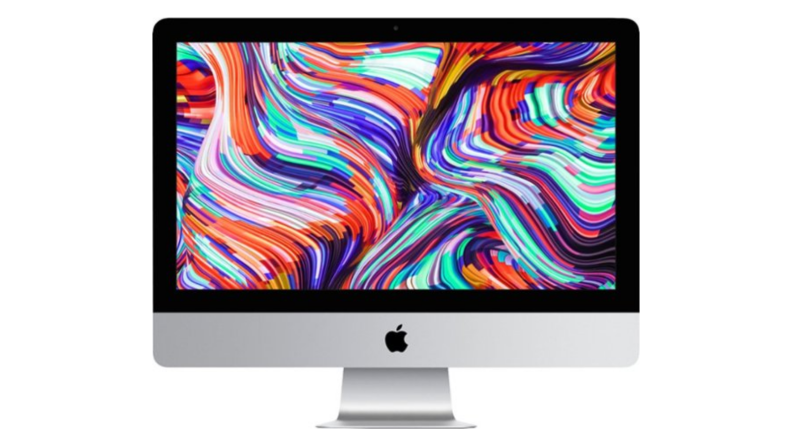 An image of a silver iMac with a patterned screensaver turned on.