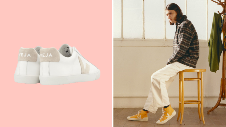 On the left is a pair of Veja sneakers against a pink background, on the right is a model wearing a pair of yellow high-top Veja sneakers.