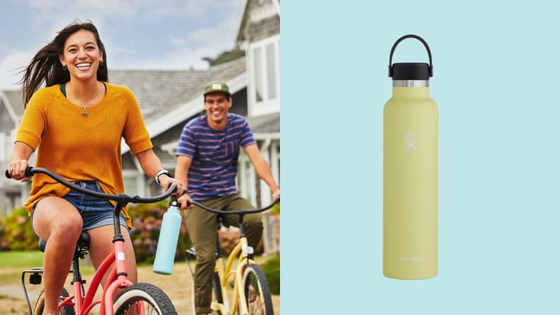 Left: People riding bikes; Left: Hydro Flask canteen water bottle
