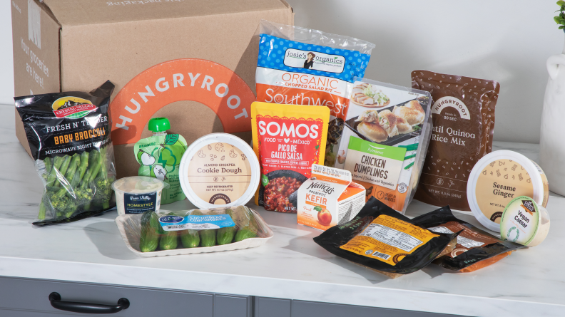 Hungryroot groceries and a delivery box on a counter.