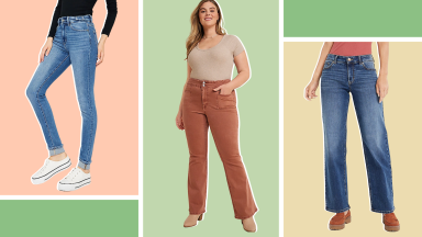 Three models wearing different pairs of jeans, one is a blue skinny jean, one is an ochre-colored flare, and one is a blue wide-leg style.