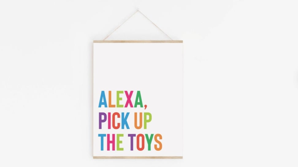 "Alexa pick up the toys" rainbow-colored kids playroom wall decor print