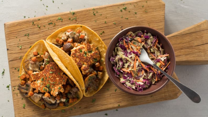 Green Chef's Sweet Potato and Mushroom Tacos with Cotija Cheese Crisps & Slaw with Spiced Peanut Sauce