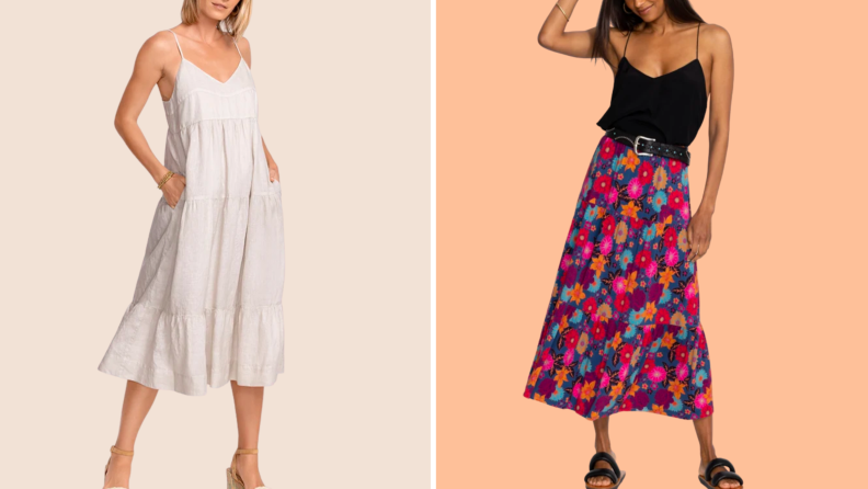 Images of a colorful printed midi skirt and a linen dress, worn by models.