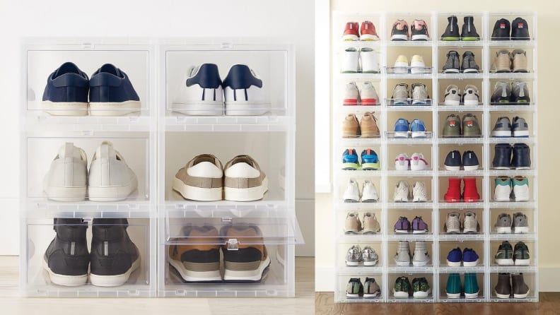 Plastic shoe storage containers against wall with shoes inside.