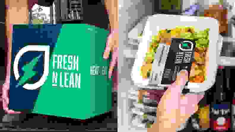 A box of Fresh N Lean next to a shot of a hand putting a packaged meal in a fridge.
