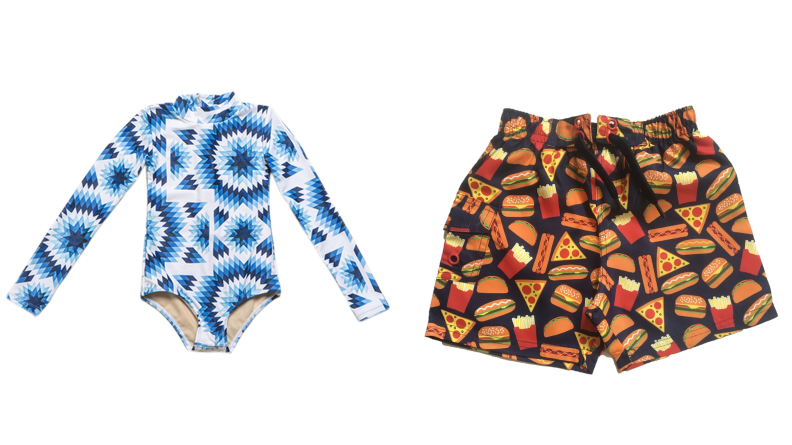 Long sleeve tie-dye print one piece bathing suit, and swim trunks printed with hotdogs and pizza