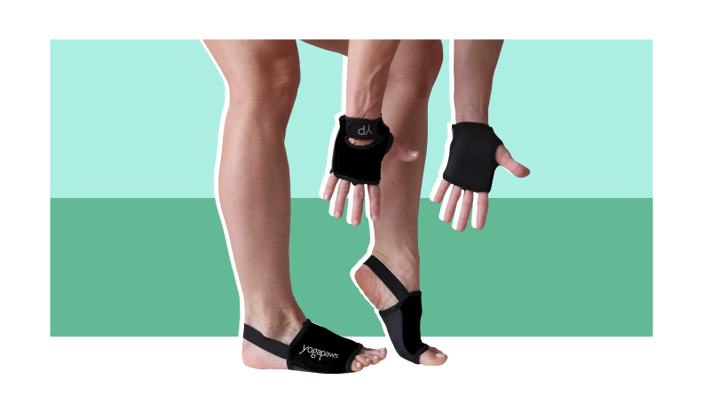 Black non-slip yoga gloves and yoga socks from SkinThin