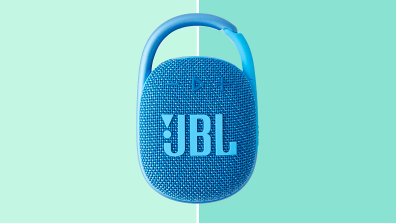 An image of a JBL Clip 4 speaker in bright blue.