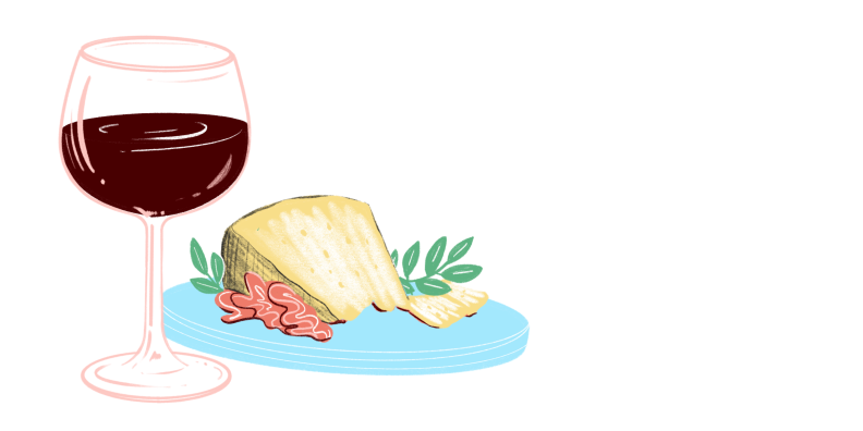 An illustration of a glass of red wine next to a cheese plate.
