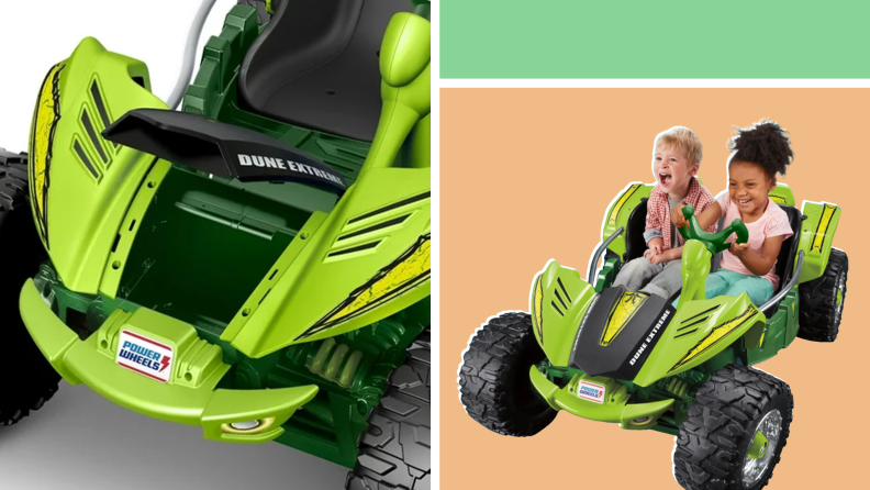 Photo collage of a close-up of the Power Wheels Dune Racer and two kids riding in the car while smiling.
